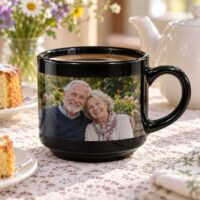 Xícara preta personalizada com foto de casal de idosos no jardim, na mesa do café da tarde