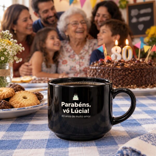 Xícara Preta Personalizada Com A Arte Parabéns, Vó Lúcia, 80 Anos De Muito Amor, Na Festa De Aniversário