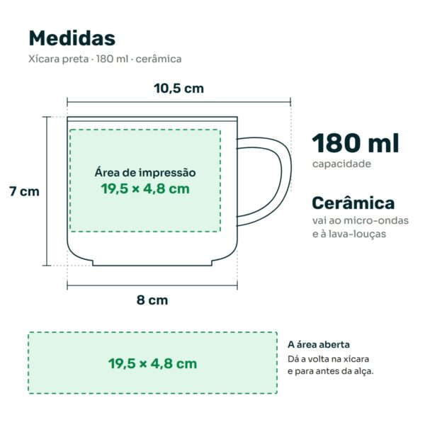 Medidas Da Xícara Preta: 7 Cm De Altura, 8 Cm De Diâmetro E Área De Impressão De 19,5 X 4,8 Cm