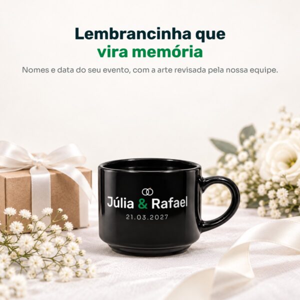 Xícara Preta Personalizada Com Os Nomes Júlia E Rafael E A Data Do Casamento, Como Lembrancinha